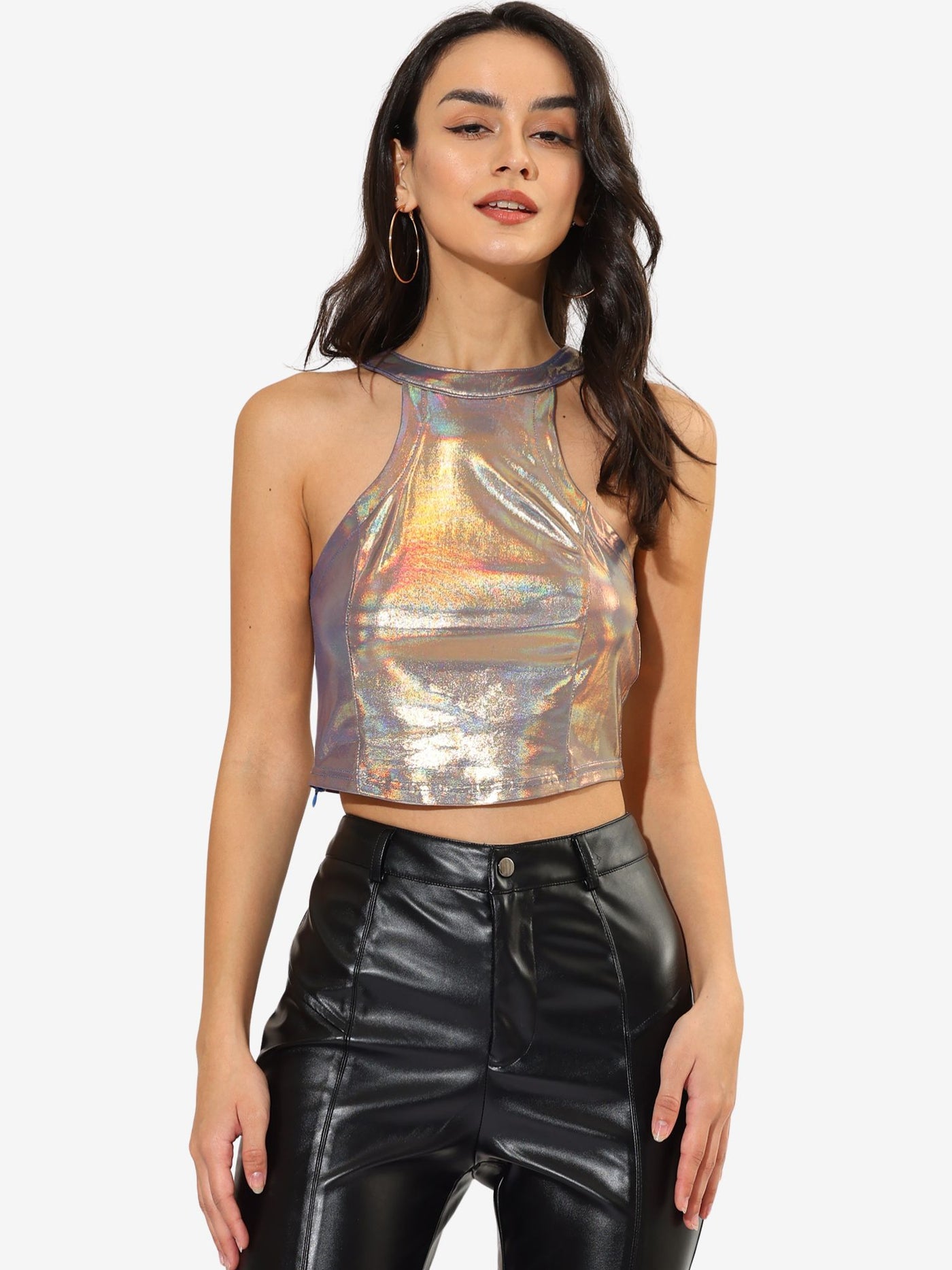 Allegra K Holographic Party Sparkle Halter Neck Stretch Crop Tank Top