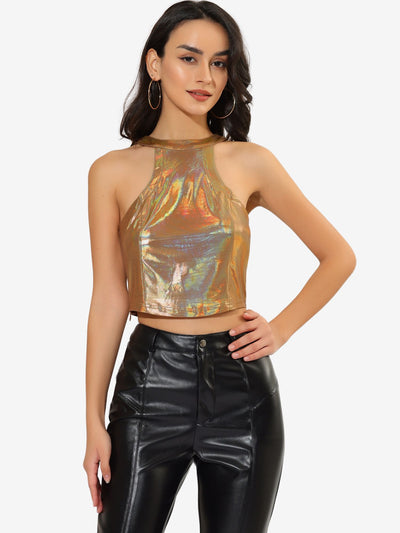 Holographic Party Sparkle Halter Neck Stretch Crop Tank Top