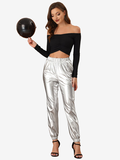 Metallic Trousers Shiny Sparkle Elastic Waist Holographic Pants