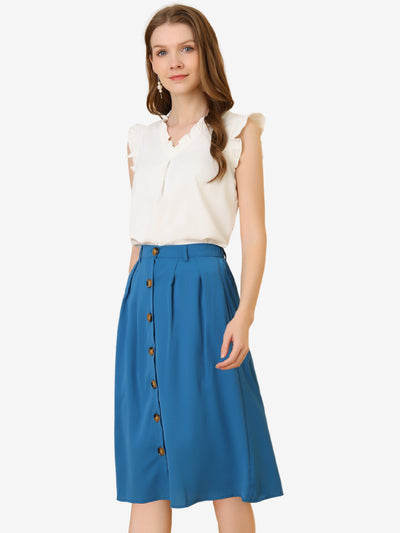 Button Front Casual High Waist Belted Midi Flare Skirt