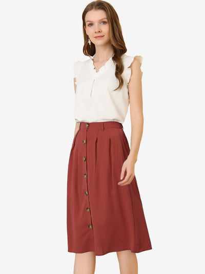 Button Front Casual High Waist Belted Midi Flare Skirt