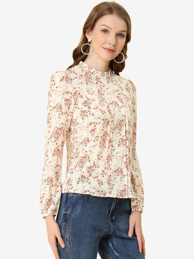 Floral Print Flounce Mock Neck Long Sleeve Work Blouse