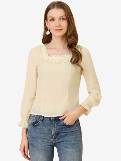 Elegant Square Neck Ruffled Puff Long Sleeve Blouse Top