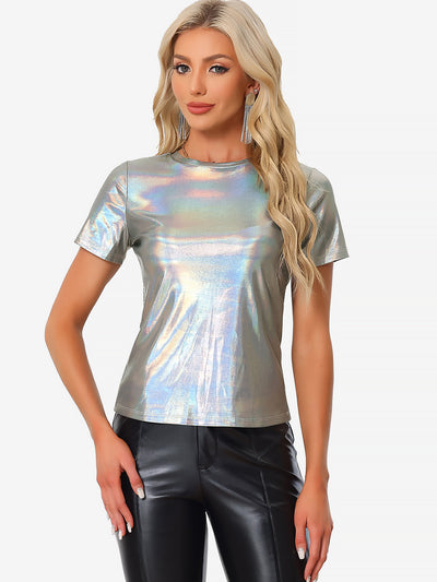 Glitter Metallic Short Sleeve Shiny Multicolor Blouse