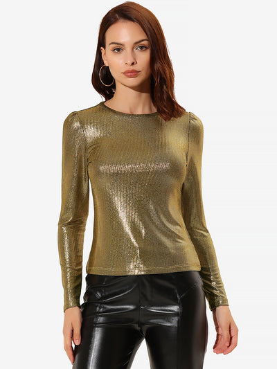 Metallic Glitter Shiny Long Sleeve Sparkly Party Blouse