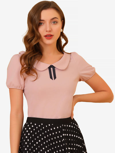 Bow Neck Solid Short Sleeve Peter Pan Collar Blouse