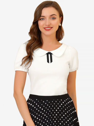 Bow Neck Solid Short Sleeve Peter Pan Collar Blouse