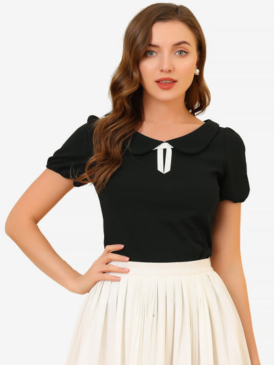 Bow Neck Solid Short Sleeve Peter Pan Collar Blouse