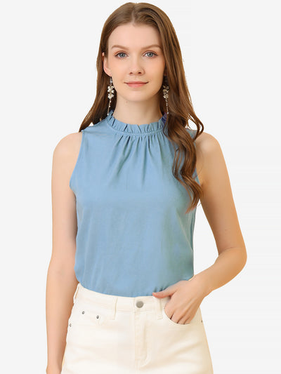 Denim Sleeveless Top Frill Mock Neck Ruffle Chambray Blouse