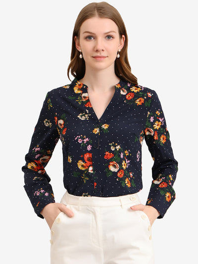 Chiffon Floral Tops V Neck Long Sleeve Button-Up Blouse Shirt