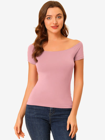 Off Shoulder Short Sleeve Solid Basic Sexy Slim Fit Blouse