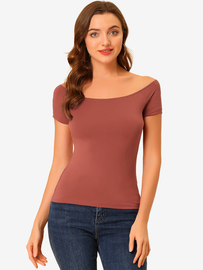 Off Shoulder Short Sleeve Solid Basic Sexy Slim Fit Blouse