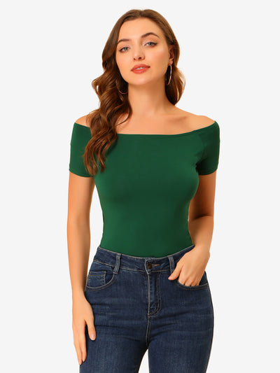 Off Shoulder Short Sleeve Solid Basic Sexy Slim Fit Blouse