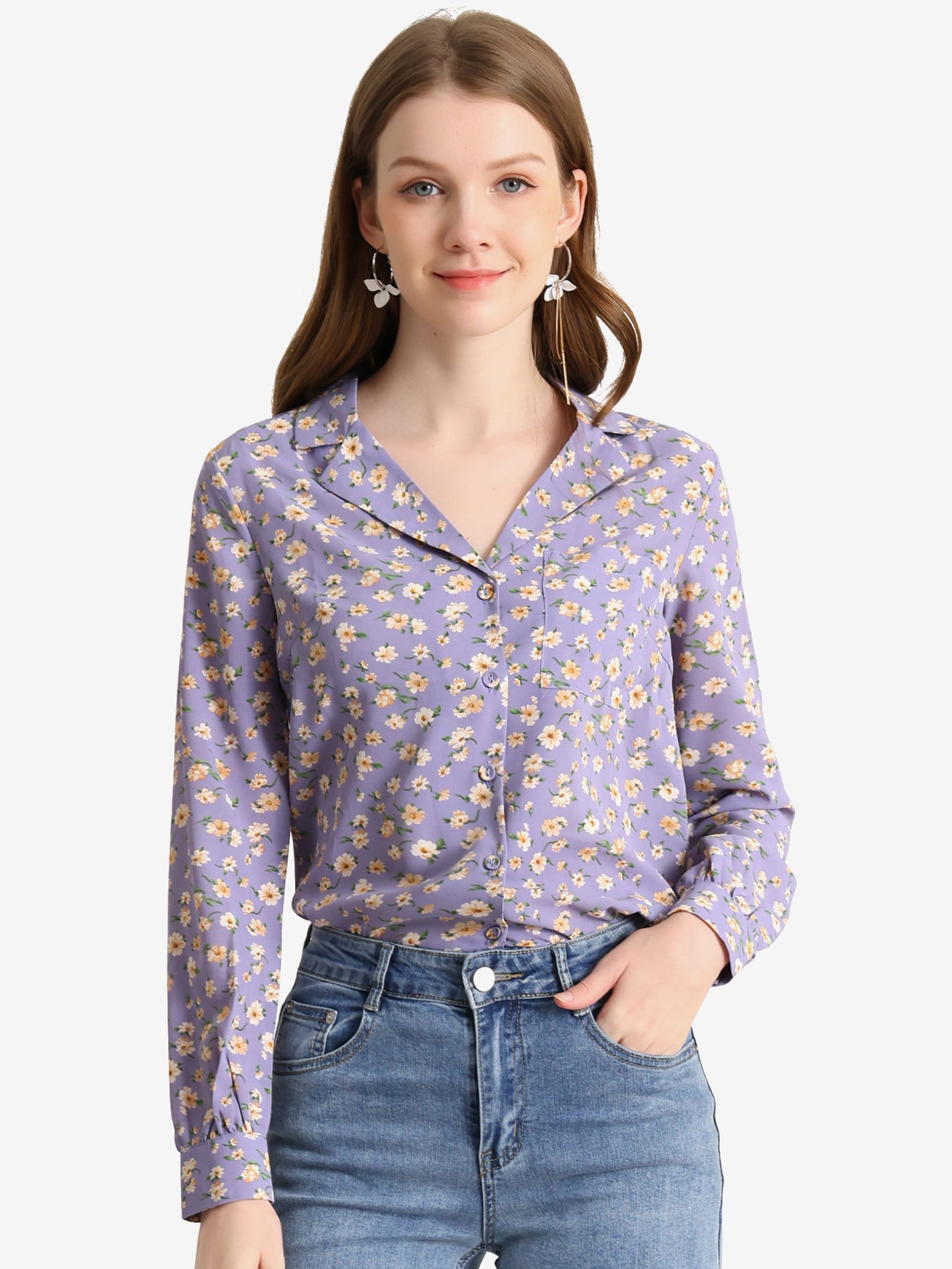 Allegra K 1950s Vintage Long Sleeve Printed Button Down Tops