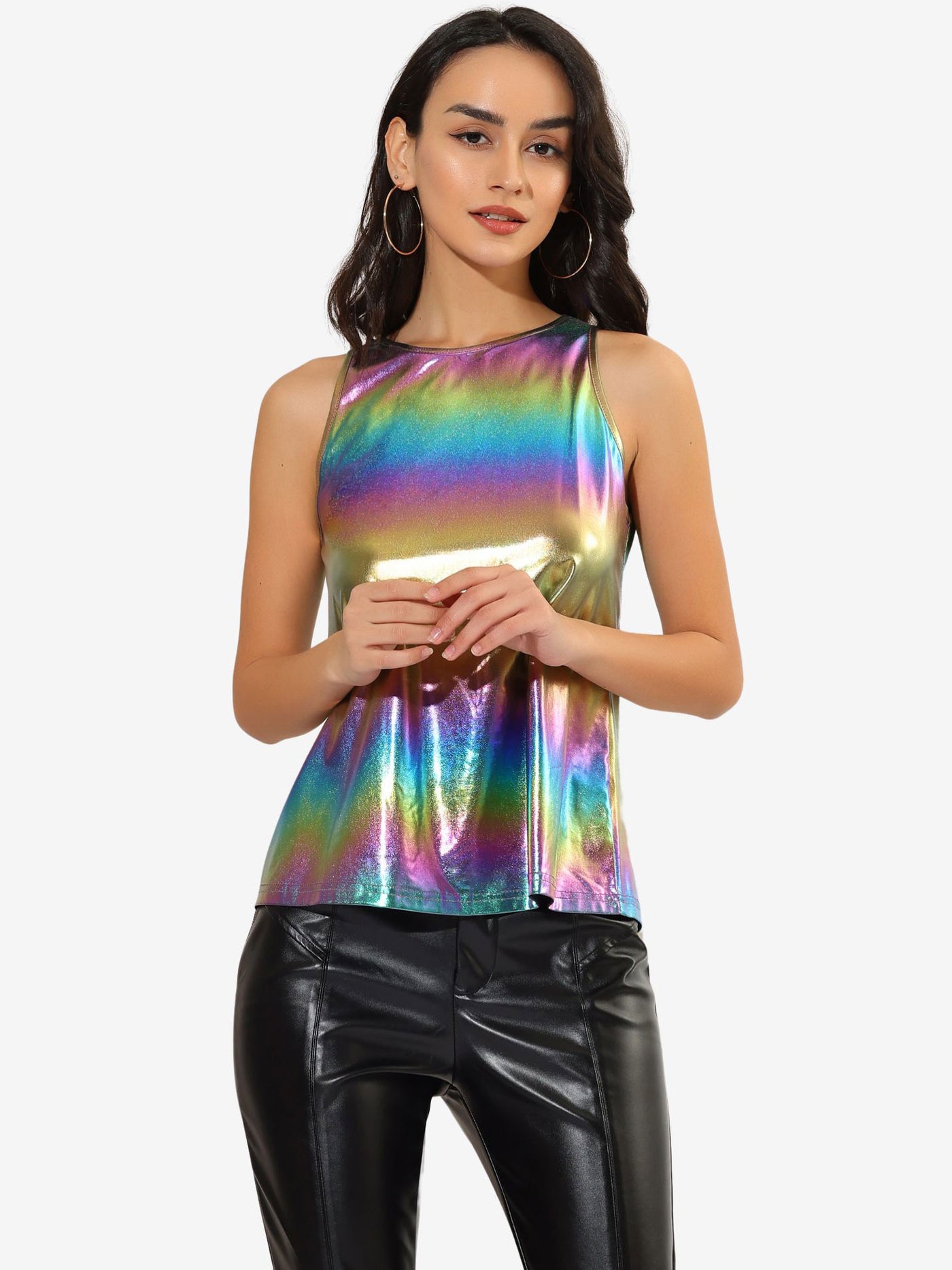 Allegra K Shiny Sleeveless Camisole Club Shimmer Metallic Tank Top