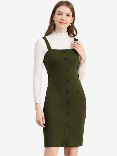 Classic Button Front Sleeveless Tie Waist Pinafore Overall Dress