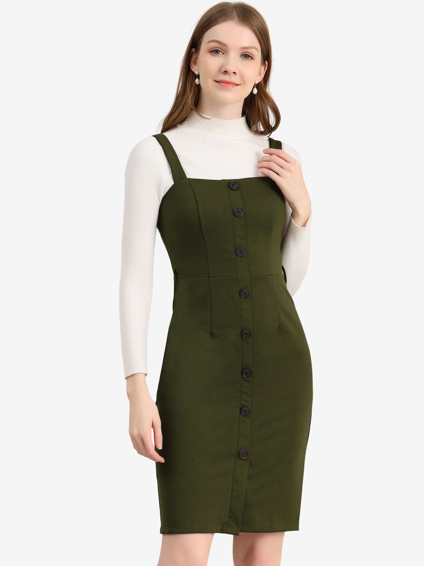 Allegra K Classic Button Front Sleeveless Tie Waist Pinafore Overall Dress