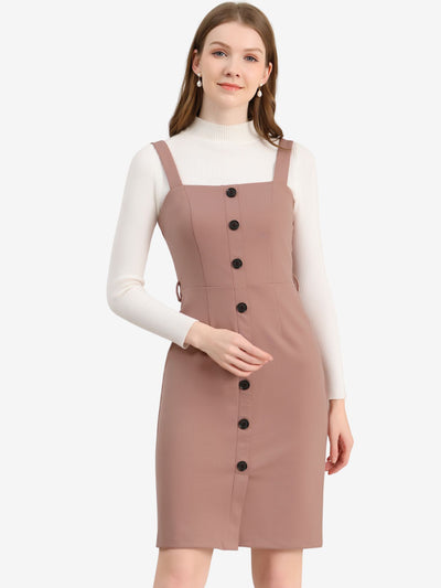 Classic Button Front Sleeveless Tie Waist Pinafore Overall Dress