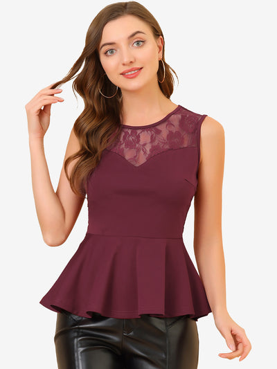 Lace Peplum Round Neck Sexy Sheer Back Sleeveless Blouse