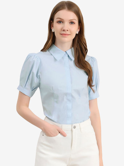 Puff Sleeve Collared Cotton Work Office Button Down Shirt