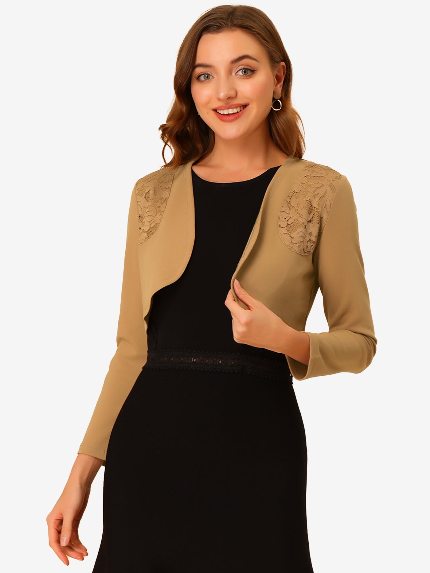 Allegra K Lace Insert Office Open Front Crop Cardigan Bolero Shrugs