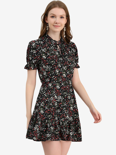 Summer Chiffon Tie Neck Puff Short Sleeve Floral Ruffle Smock Dress