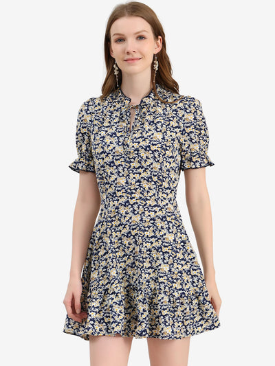 Summer Chiffon Tie Neck Puff Short Sleeve Floral Ruffle Smock Dress