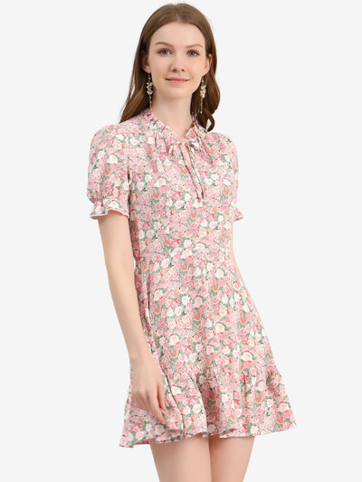 Summer Chiffon Tie Neck Puff Short Sleeve Floral Ruffle Smock Dress