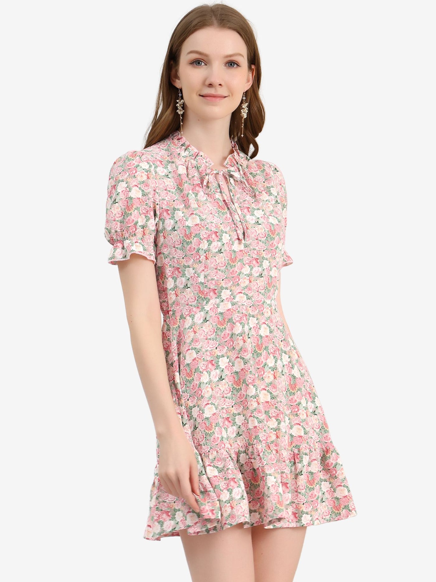 Allegra K Summer Chiffon Tie Neck Puff Short Sleeve Floral Ruffle Smock Dress