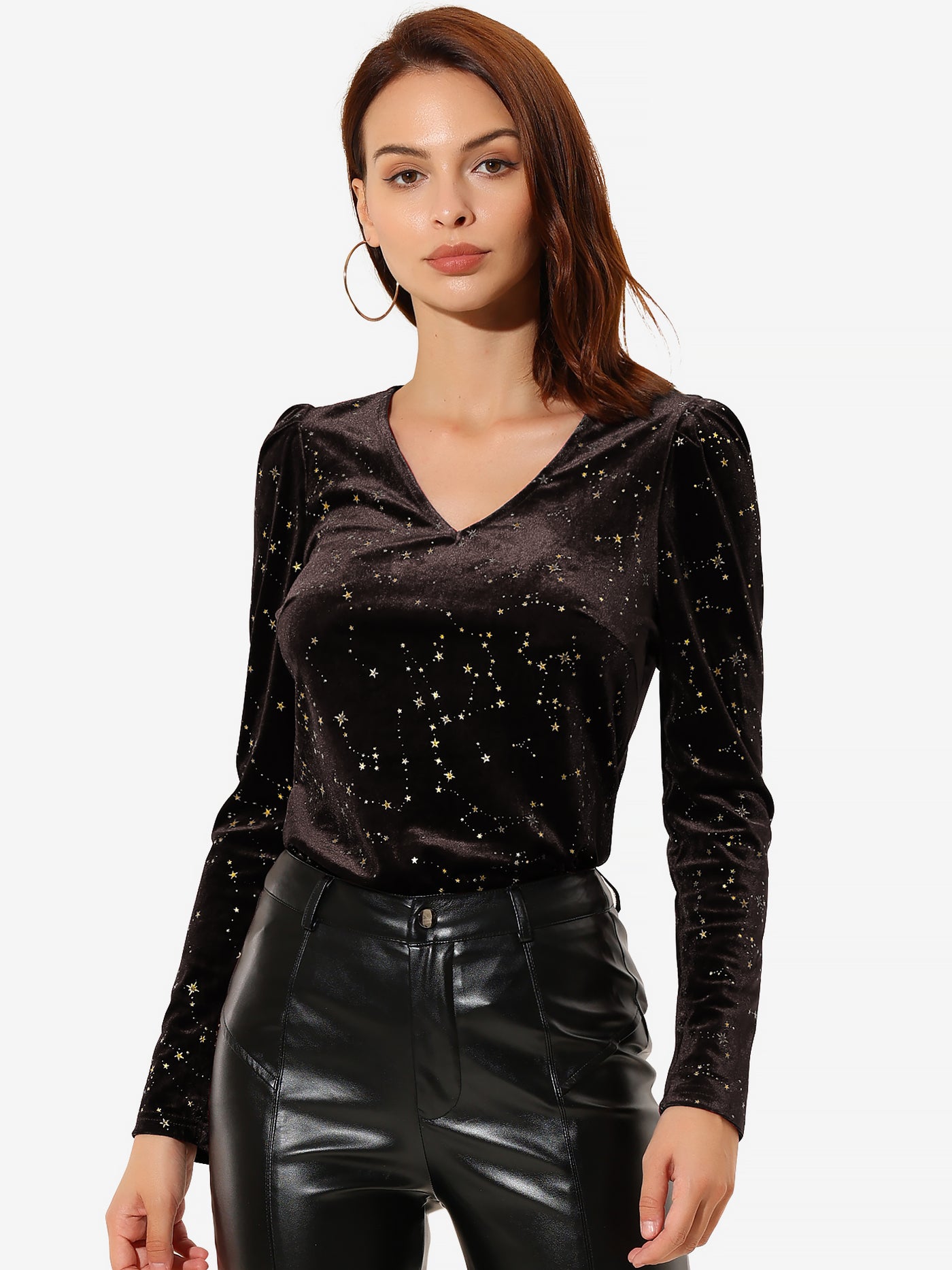 Allegra K Velvet V-Neck Long Sleeve Gilding Shiny Metallic Stars Top