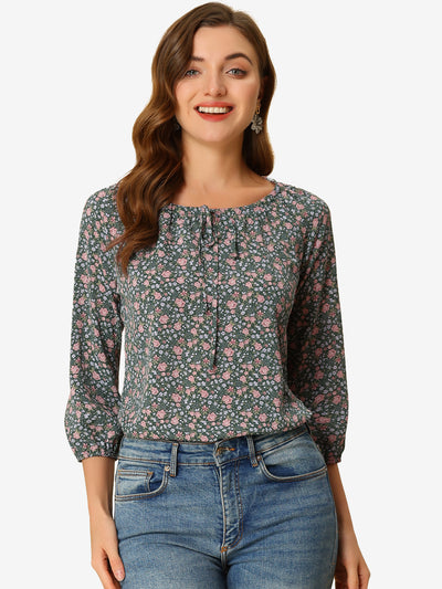 Bow Tie Neck 3/4 Raglan Sleeve Floral Blouse Tops