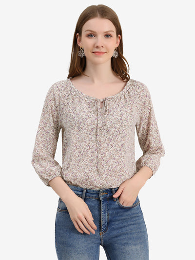 Bow Tie Neck 3/4 Raglan Sleeve Floral Blouse Tops