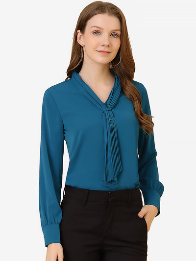 Long Sleeve Blouse Chiffon Pleated Tie Neck Office Top Shirt