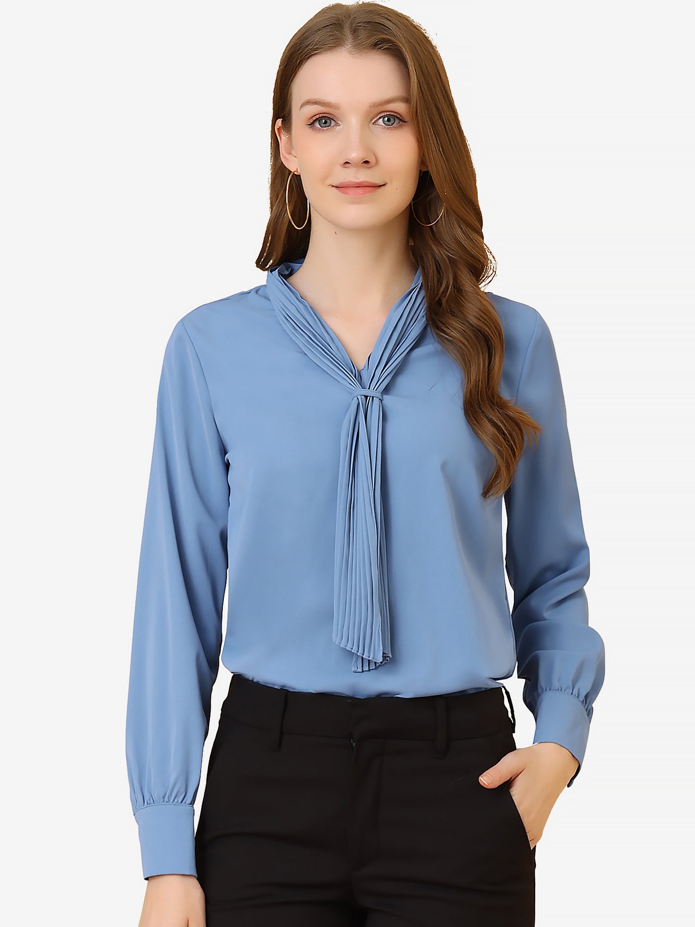 Allegra K Long Sleeve Pleated Tie Neck Office Chiffon Blouse