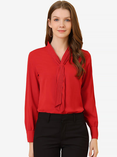 Long Sleeve Blouse Chiffon Pleated Tie Neck Office Top Shirt