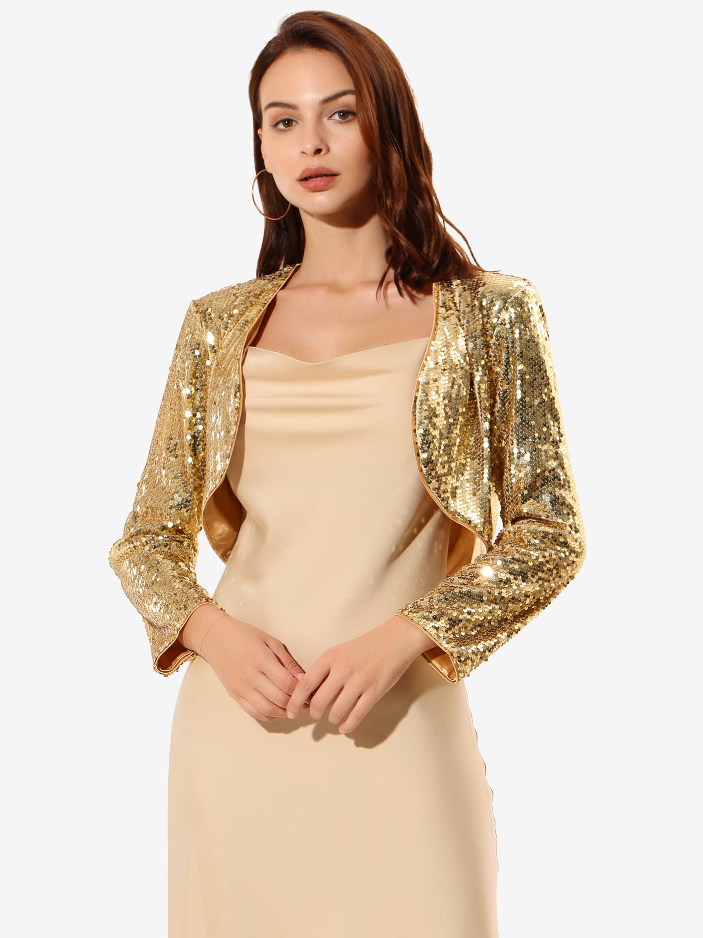 Allegra K Sequin Jacket Party Long Sleeve Open Front Crop Cardigan Bolero Shrug