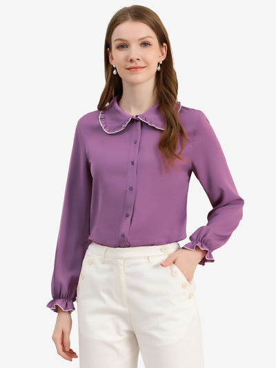 Sweet Ruffle Peter Pan Collar Long Sleeve Button Up Shirt