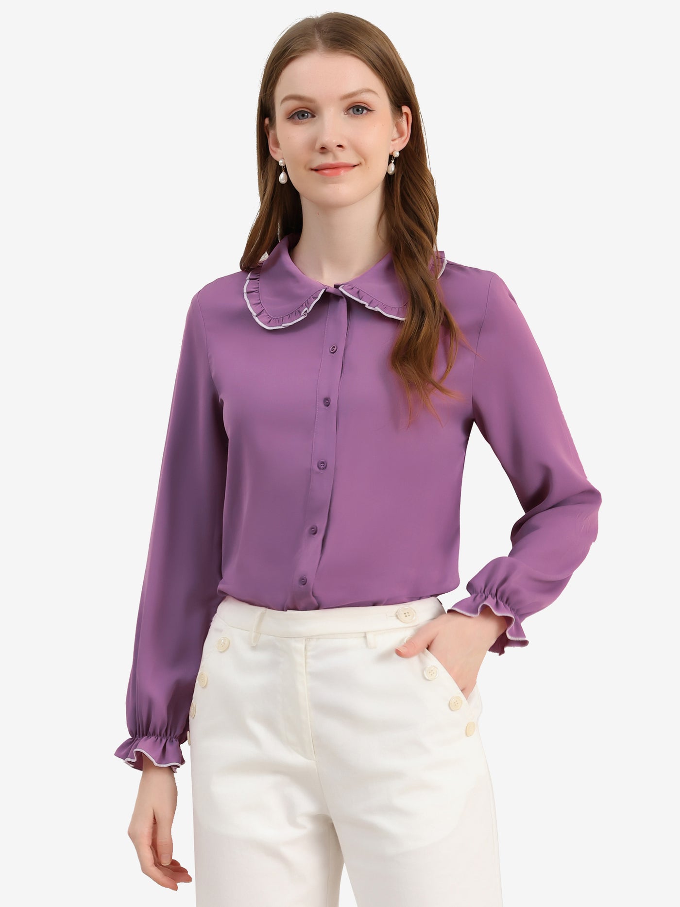 Allegra K Sweet Ruffle Peter Pan Collar Long Sleeve Button Up Shirt