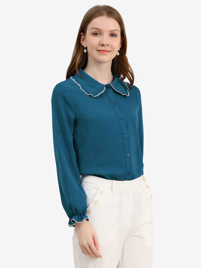 Sweet Ruffle Peter Pan Collar Long Sleeve Button Up Shirt