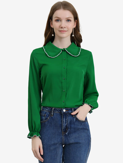 Sweet Ruffle Peter Pan Collar Long Sleeve Button Up Shirt