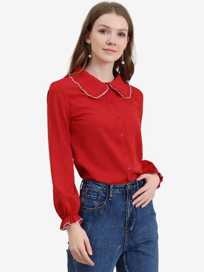 Sweet Ruffle Peter Pan Collar Long Sleeve Button Up Shirt