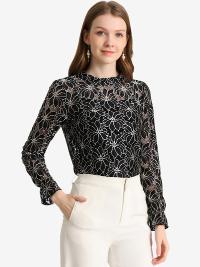 See Through Ruffle Frill Neck Long Sleeve Floral Lace Blouse