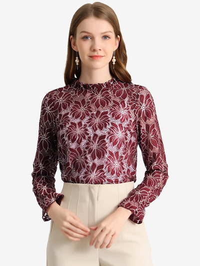 See Through Ruffle Frill Neck Long Sleeve Floral Lace Blouse