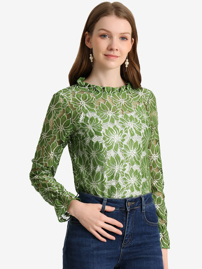 See Through Ruffle Frill Neck Long Sleeve Floral Lace Blouse