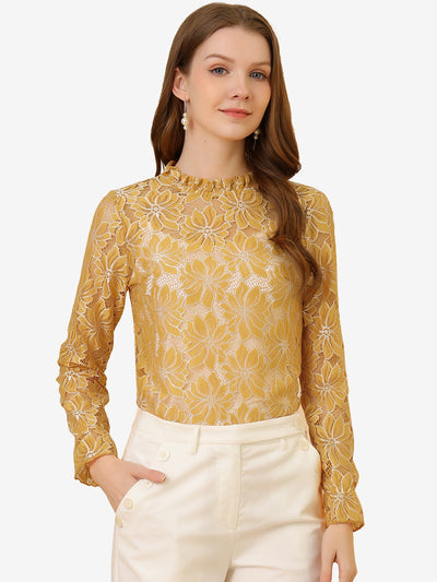 See Through Ruffle Frill Neck Long Sleeve Floral Lace Blouse