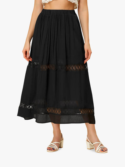 Long Elastic Waist Swing A-Line Lace Insert Maxi Skirt