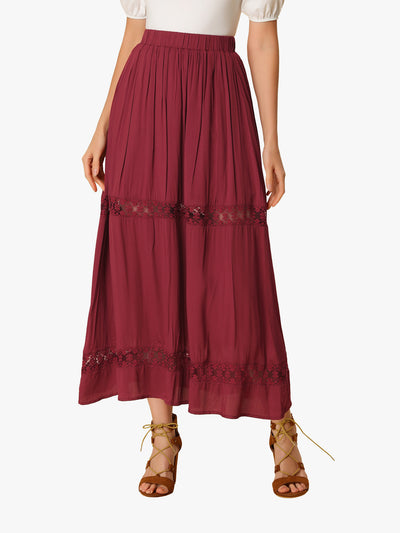 Long Elastic Waist Swing A-Line Lace Insert Maxi Skirt