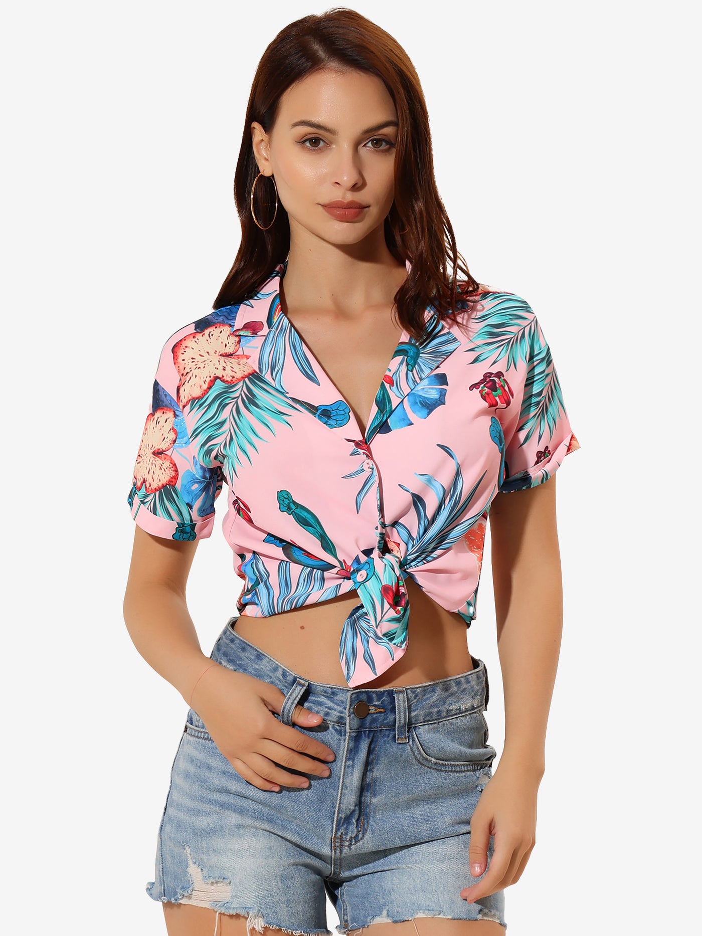 Allegra K Hawaiian Floral Leaves Tropical Button Down Shirt