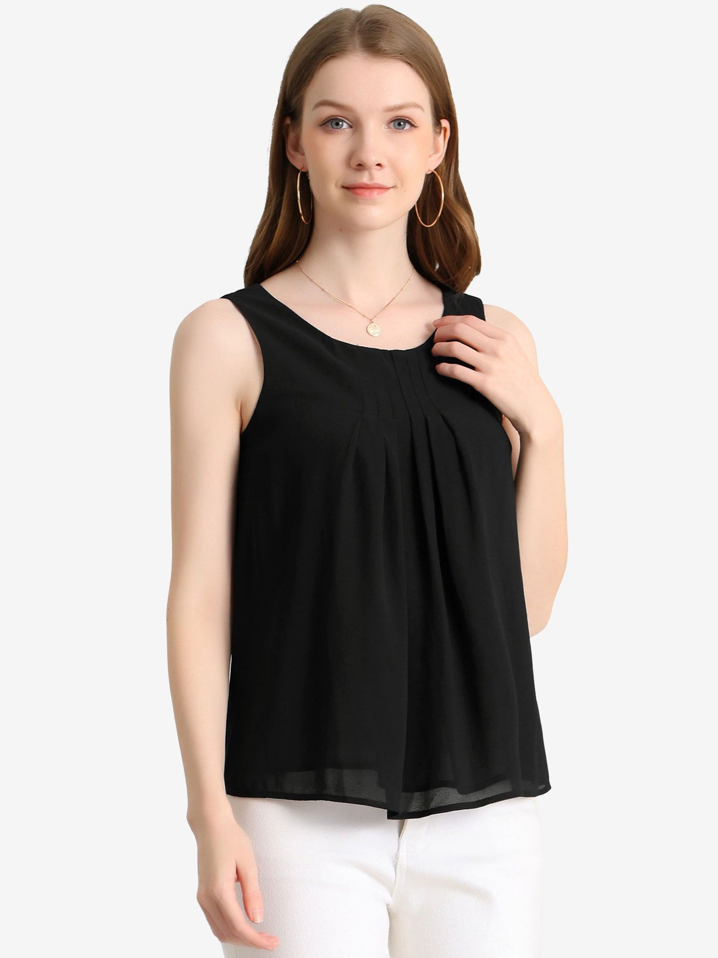 Allegra K Tank Top Sleeveless Layering Pleated Front Lined Chiffon Blouse