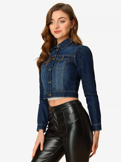 Lightweight Button Down Puff Sleeve Cropped Denim Jacket